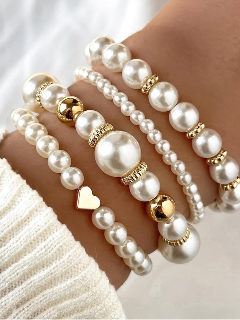 24k Gold Plated Pearl and Gold Accent Stack Bracelet Set